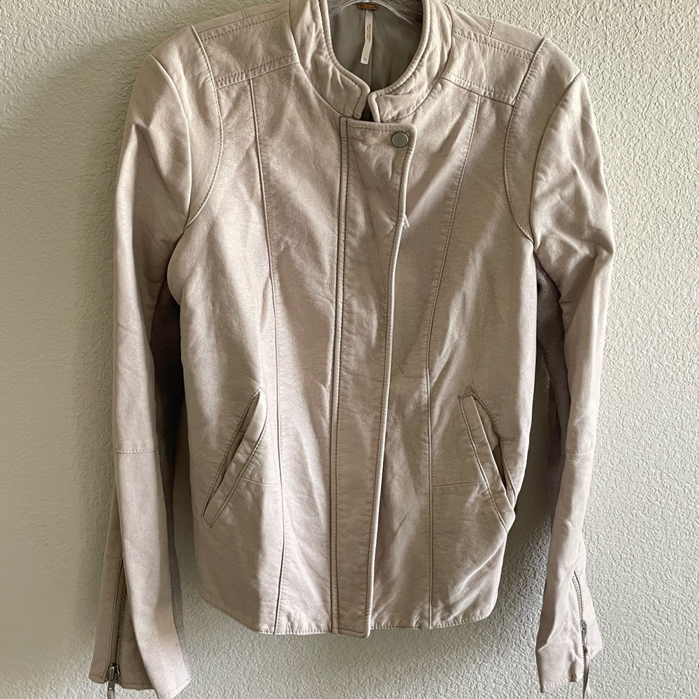 Free People Soft Taupe Faux Leather Moto Jacket